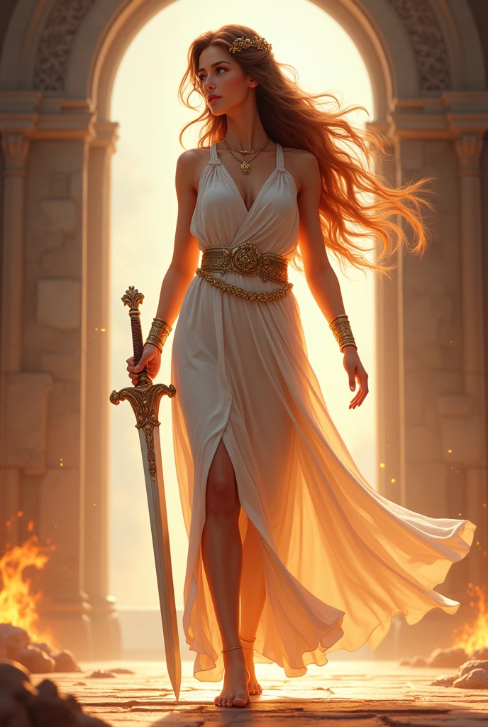 Goddess hestia Holding a sword facing the left side animated