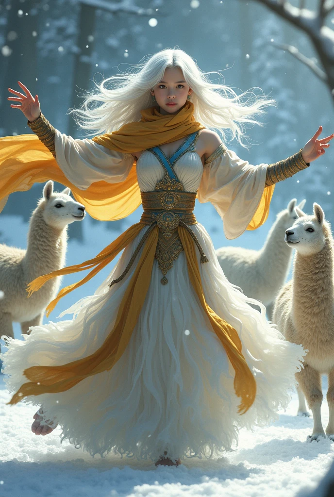 masterpiece, Best Quality, realist, (1 girl: 1.3), gold blue white clothes, long hair shawl, hop, jump, dance, white gold green clothes, long skirt, long scarf, fluent, light armor, snow white skin, bare shoulders, Whole body, (from below:1.5), Martial Arts, dynamic, llamas, particles