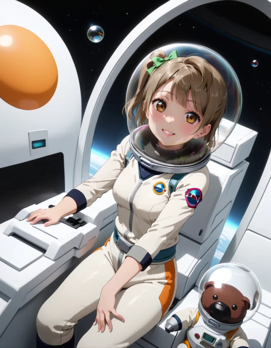 (Spacesuit:1.15), White Cargo Pants, Space Helmet , , Spacewalk, masterpiece, Highest quality, One person, alone, short hair, , , , Bodysuits,Gloss,, short hair, (Futuristic spaceship:1.6), , smile,Covered navel, short hair,Small breasts,From above, space helmet, bubble helmet,Minami Kotori , Love Live! School Idol Project,