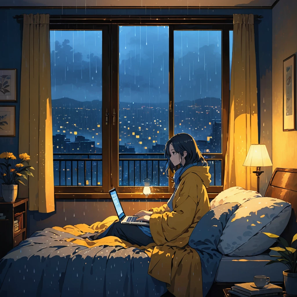The scene is set in a small, warmly lit room on a rainy day, with raindrops tapping softly against the window. A person is comfortably seated under a blanket, with a laptop on their lap, watching anime. The room is softly illuminated by a warm lamp, and the faint glow of city lights is visible through the rain-covered window. The colors should include soft blues, warm yellows, and gentle grays, creating a tranquil and comforting atmosphere