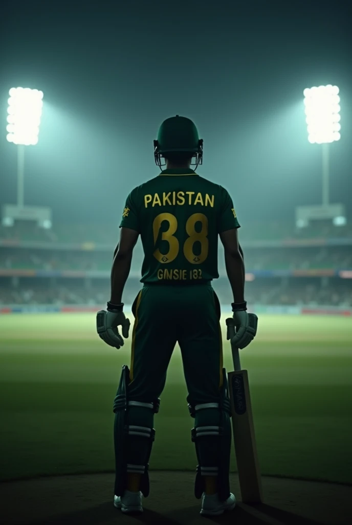 back shoot of a man he wear a pakistan cricket team kit background cricket stadium dark theme and distance between almost 20mm camera lens landscape
photo