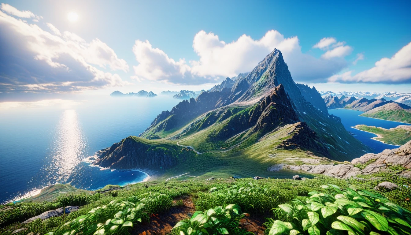 There is a highest mountain on the West Sea, covered with green plants(best quality,4K,8k,High level,masterpiece:1.2),Ultra Detailed,(lifelike,Photo real,Photo real:1.37),Realistic lighting,虚幻引擎4K壁纸,Summer Unreal Engine 5, Beautiful landscape rendering, Mountains and Oceans, Rendered in 8k Unreal Engine,,The most beautiful scenery,Epic shock