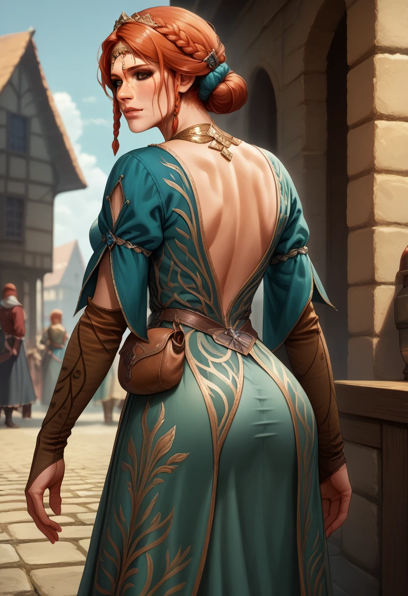 score_9, score_8_up, score_7_up, BREAK, score_9, TrssMeri, short hair, hair bun, elbow gloves, braid, dress, tiara, jewelry, freckles, pouch, looking at viewer, cowboy shot, ass, from behind, medieval, village