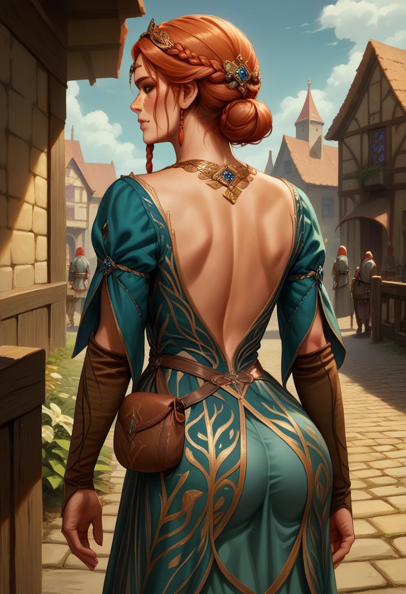 score_9, score_8_up, score_7_up, BREAK, score_9, TrssMeri, short hair, hair bun, elbow gloves, braid, dress, tiara, jewelry, freckles, pouch, looking at viewer, cowboy shot, ass, from behind, medieval, village