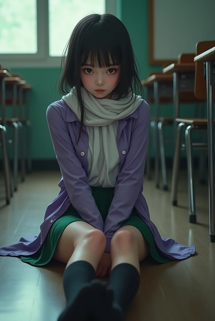(Ultra-realistic), (number), (high resolution), (8K), (Very detailed), (Best number), (Exquisite and detailed), (best quality), (Very detailed), (masterpiece), (wallpaper), (Delicate face), Solitary, A girl, Viewers, Cafe staff、(high resolution),(high resolution),(high resolution),(8K), A girl, Yoshizuki_Yaori、School__purple_shirt_green_skirt_White_scarf_Black_Knee socks、in high school classroom, Lying on the floor, Spread your legs, shirts lift, Show your breasts, Spread your legs, squat, White Thong),