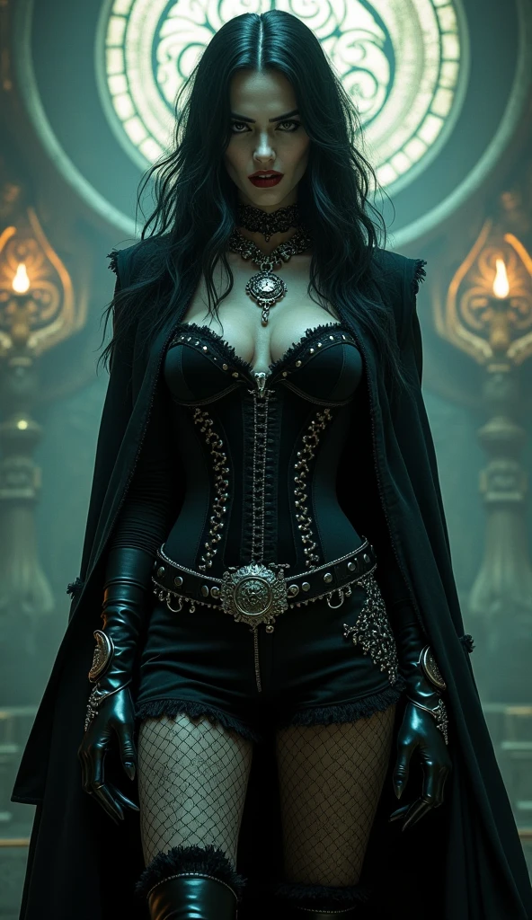 a tall emo super pale vampire with sharp claws gothic angry woman in witch hat, black velvets, lace, fishnets and leather tinged with scarlet or purple, accessorized with tightly laced corsets, gloves, platform boots and silver jewellery depicting occult themes wicked smile evil smirk with fangs, swagger with glowing hex circle magic infusion design , depicting occult themes,