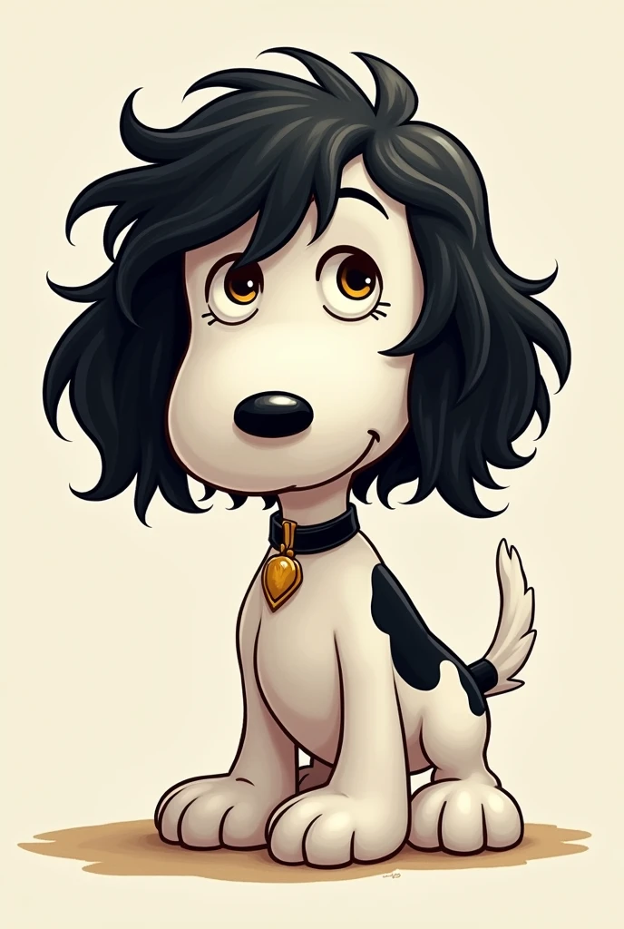 Generate an image of Snoopy with wavy hair black wavy hair that is medium long to look a little more masculine