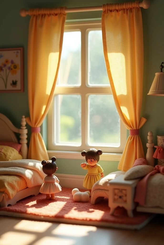 A beautiful little toy bedroom with little toy curtain