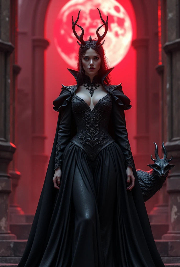 The image features a stunningly detailed 8k RTX photorealistic cinematic shot of a beautiful, voluptuous queen of the Gothics standing proudly in front of a high Gothic cathedral. By her side, a menacing gargoyle looms, adding to the dark and mysterious atmosphere. The red moon casts an eerie glow over the scene, enhancing the gothic architecture and intricate details of the cathedral. The composition is framed in a wide angle view, with smooth lines and realistic 3D dark effects creating a whimsical and captivating portrait of a woman in a fantasy style. The ZBrush final render and additional Blender details bring depth and richness to the image, capturing the essence of gothic beauty and mystery.