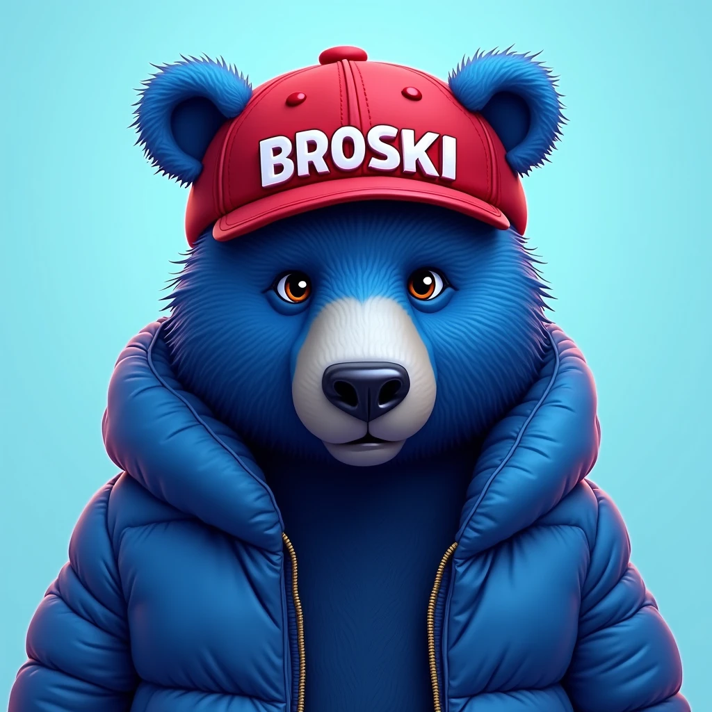 blue bear , light blue background , edgy , portrait , noble , red hat broski , capital letter BROSKİ on your hat , blue puffer jacket