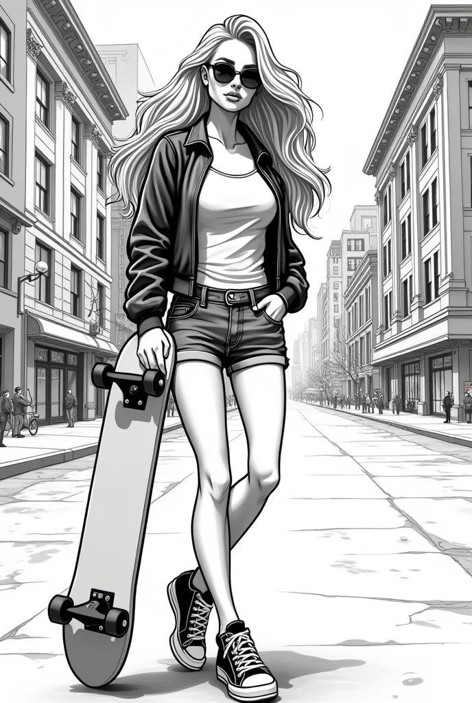 A black and white cartoon drawing of a woman holding a skateboard by her side, a candy bar in her mouth, long wavy hair, wearing a tank top and a long-sleeved leather jacket over it, jeans shorts, and cool sneakers. She has a cool style. The place is New York City.