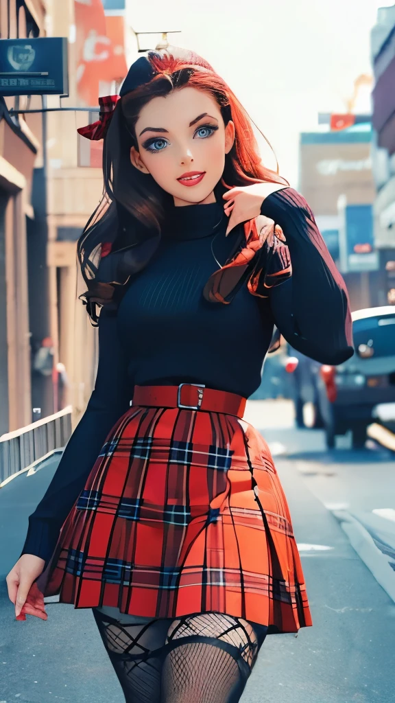 a woman in a plaid skirt and sweater standing on a sidewalk, plaid skirt, young beautiful amouranth, better known as amouranth, fishnets and a long tartan skirt, adorable outfit, amouranth, 5 0 s style, 50s style, plaid tights, 1950s vibes, thighhighs and skirt, with a red skirt