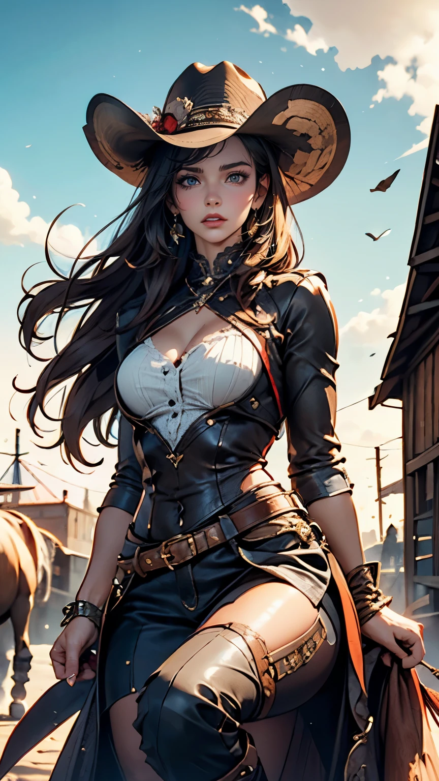 "A badass monstergirl woman gunslinger, (bold and fearless), wielding (powerful:1.1) guns in her hands, stands tall in a desolate western town. (Eyes: intense and piercing), she gazes down the sights of her weapon, (sharp focus:1.1) on her target. Her face bears a determined expression, with (beautiful detailed eyes) and (beautiful detailed lips) conveying both strength and vulnerability. Her (long eyelashes) flutter in the wind as she prepares to unleash her fury.

The scene is set against a backdrop of (scorching hot:1.1) desert sands, with dilapidated wooden buildings and tumbleweeds scattered across the barren landscape. The wind howls through the empty streets, adding an eerie atmosphere to the encounter. The gunslinger's attire consists of a (tattered:0.9) leather duster and a wide-brimmed hat, casting a shadow that hides her eyes in mystery.

As the sun begins to set, casting a (golden hue) across the horizon, the gunslinger's silhouette becomes even more striking. The lighting accentuates the creases on her weathered face, revealing the scars and battles she has endured. The play of light and shadow creates a dramatic and (cinematic quality) to the scene.

The gunslinger's monstergirl features are carefully depicted, with (exquisite details) showcasing her unique characteristics. Her skin bears intricate patterns, resembling scales, and her ears are pointed, signifying her otherworldly nature. This fusion of human and fantastical elements adds an element of intrigue and adds to her aura of power.

The colors in the image are vibrant and (bold), with a mix of warm tones that reflect the intensity of the setting sun. The contrast between the vivid hues and the dusty, muted colors of the environment enhances the overall impact of the scene.

Embodying the essence of (wild west legends) and the strength of a monstergirl, this gunslinger stands as a symbol of resilience and determination. The attention to (ultra-fine painting) and (extreme detail description) in 