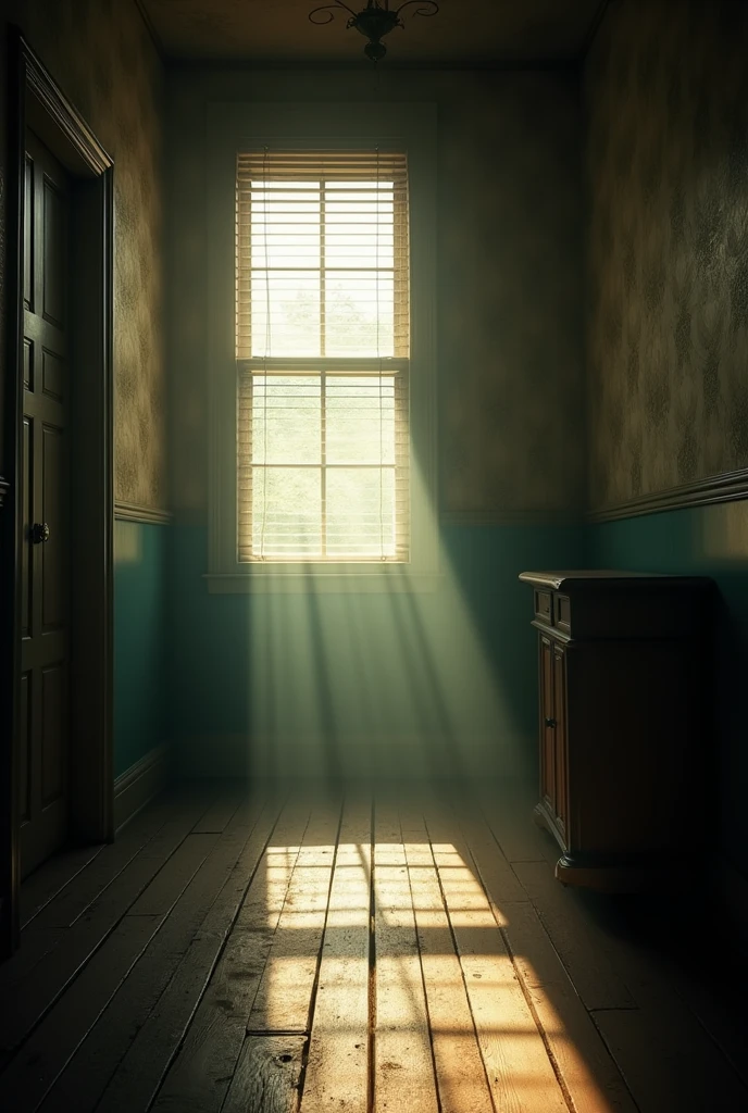 Dimly lit, dusty rays of sunlight through partially closed blinds, creaky wooden floor, vintage wallpaper.
