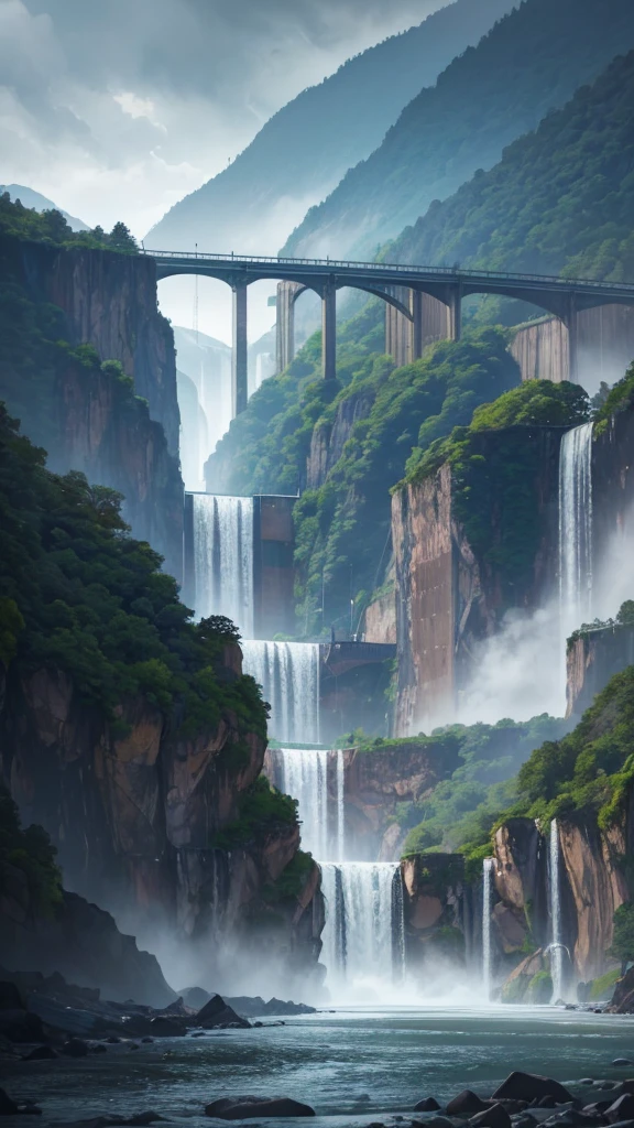 A massive hydroelectric dam, flowing river, open floodgates, dramatic cascading water, lush green nature surroundings, epic landscape, dramatic lighting, cinematic composition, photorealistic, 8k, hyper detailed, volumetric lighting, dynamic water simulation, intricate architectural details, dramatic atmospheric haze, vibrant colors, moody tones