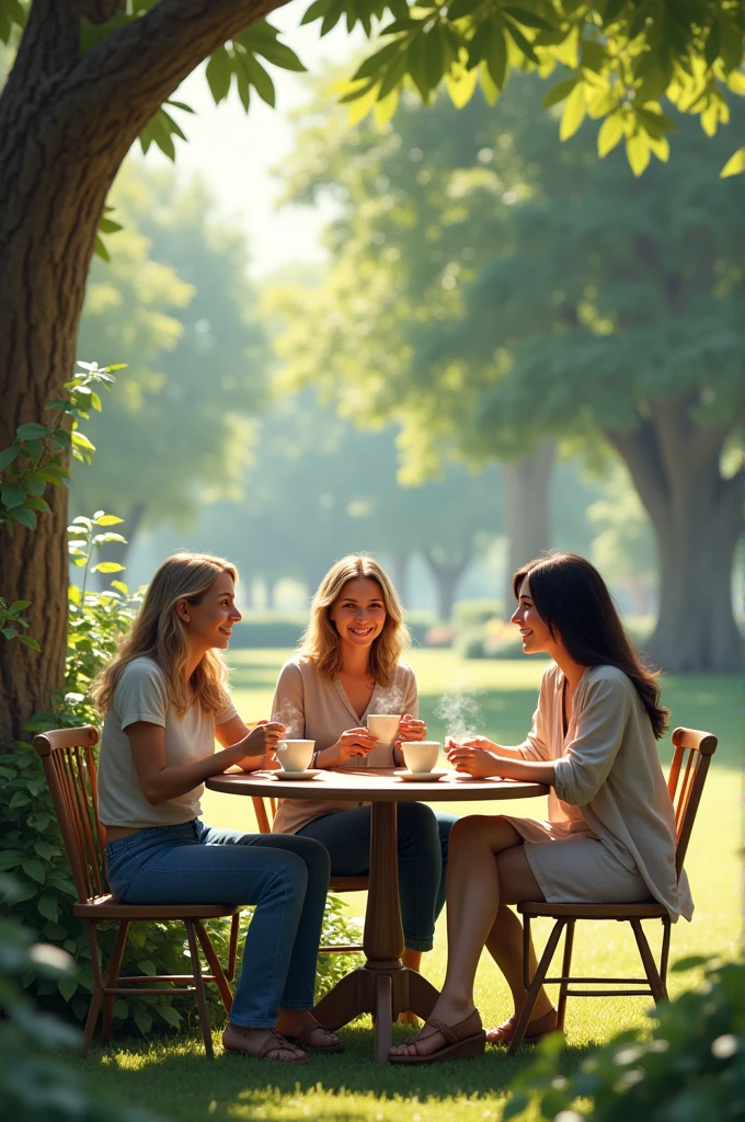 3 woman drinking coffee in a park.