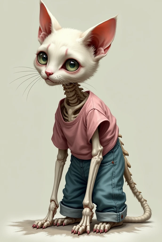 A weeping bony white cat dressed in pink top and blue jeans walking with support of doctor