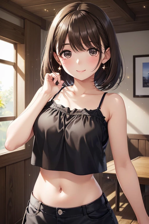 anegasaki nene、Shiny brown hair, short hair, (Beautiful brown eyes、Sparkling eyes, Fine grain)、smile、Ultra-detailed eyes、Highly detailed face, Highly detailed eyes,Cowboy Shot,
(masterpiece, Highest quality:1.2), alone, short hair, smile, View your viewers, (())((Black tight cropped camisole)), mini skirt,