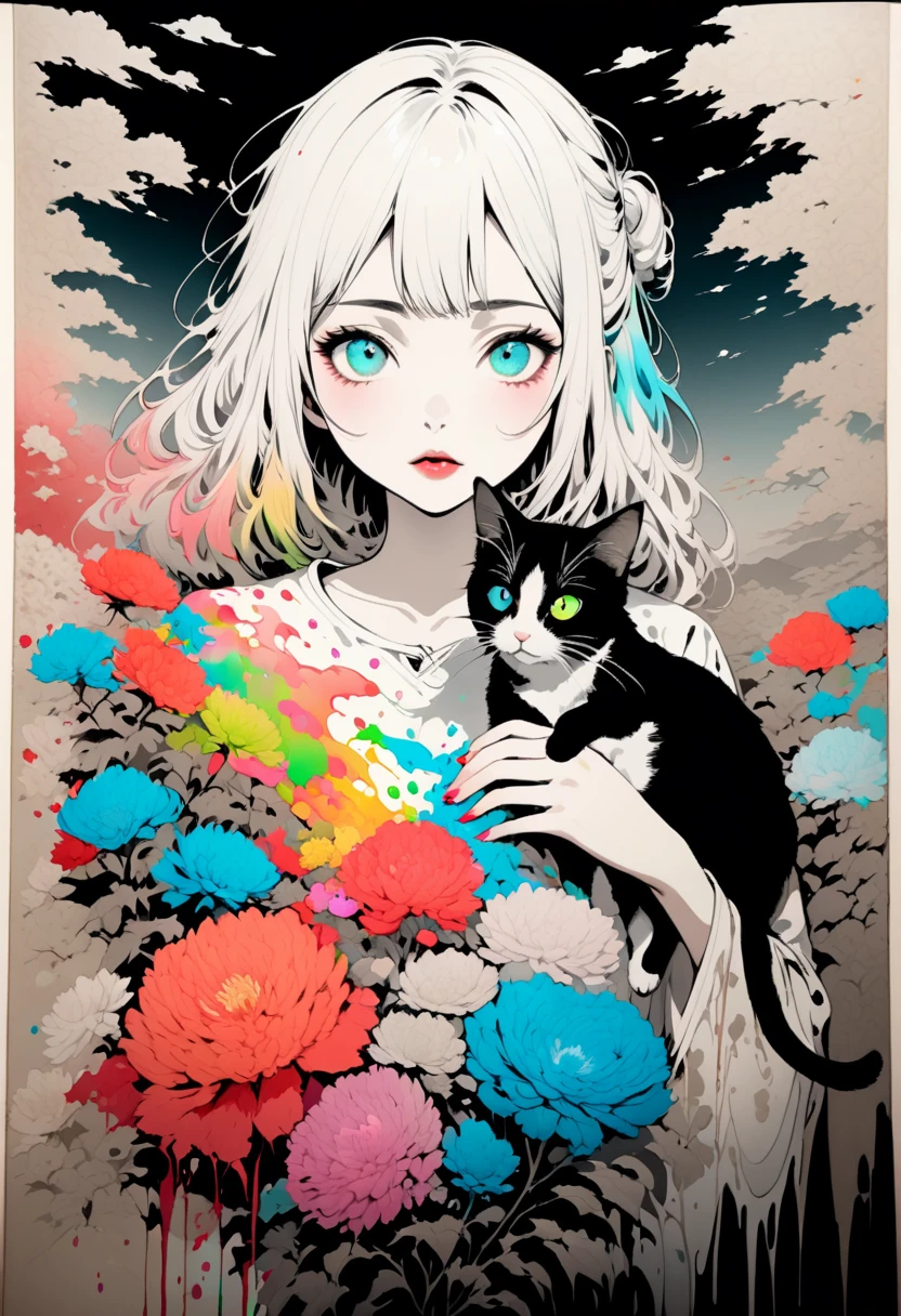 Painting of a beautiful girl holding a cat、Filled with love for cats、愛情deep、chaos、(Ink drawing on Japanese paper, Landscape painting that bleeds easily)、(絵本のようなContemporary Art) ,Dark Side Artistic、Contemporary Art、(Transparent watercolor) (Light itself is reality) (Soft layer,Colorful colors、lots of colors) (shades of paint dissolved thinly with water) (deep, Delicate colors) paint (draw) In black and white:1.4、Masterpiece、Highest quality、