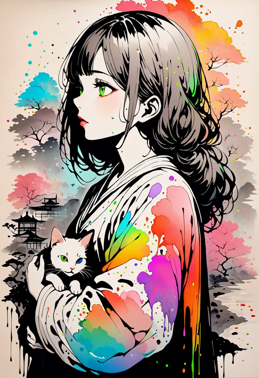 Painting of a beautiful girl holding a cat、Filled with love for cats、愛情deep、chaos、(Ink drawing on Japanese paper, Landscape painting that bleeds easily)、(絵本のようなContemporary Art) ,Dark Side Artistic、Contemporary Art、(Transparent watercolor) (Light itself is reality) (Soft layer,Colorful colors、lots of colors) (shades of paint dissolved thinly with water) (deep, Delicate colors) paint (draw) In black and white:1.4、Masterpiece、Highest quality、