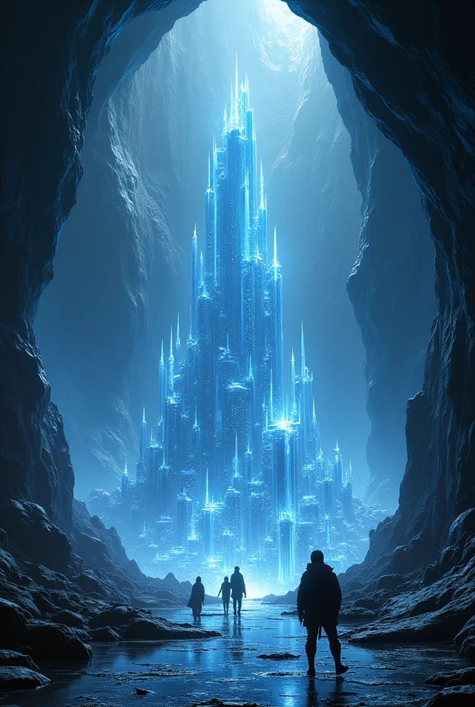 After a while the tunnel opened into a huge cave, which was so big, that they could not see the edge of the room. The floor was made of reflective black stone, which reflected the light of the crystals on the walls like stars. And in the middle of the cave rose a city – a huge, ancient city, made entirely of shimmering, bluish crystals.
