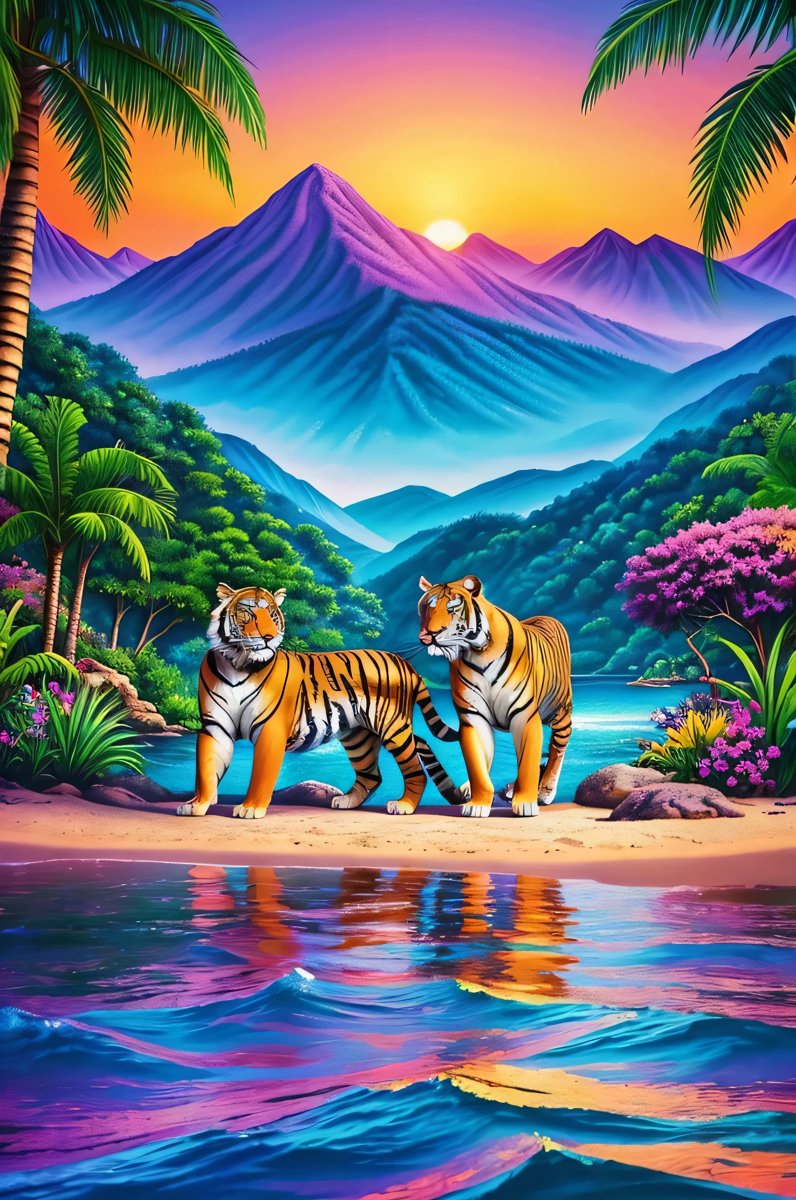 TIGERS in the water with the sunset in the background and mountains in the distance, Vaporwave Jungle, Portrait of a Lisa Frank, In the style of Lisa Frank, very detailed digital painting, just kidding, Lisa Frank Style, Highly detailed 4k digital art, highly detailed bright colors, very detailed digital painting, In a Lisa Frank art style, highly detailed digital artwork (HD) ADD RAINBOW