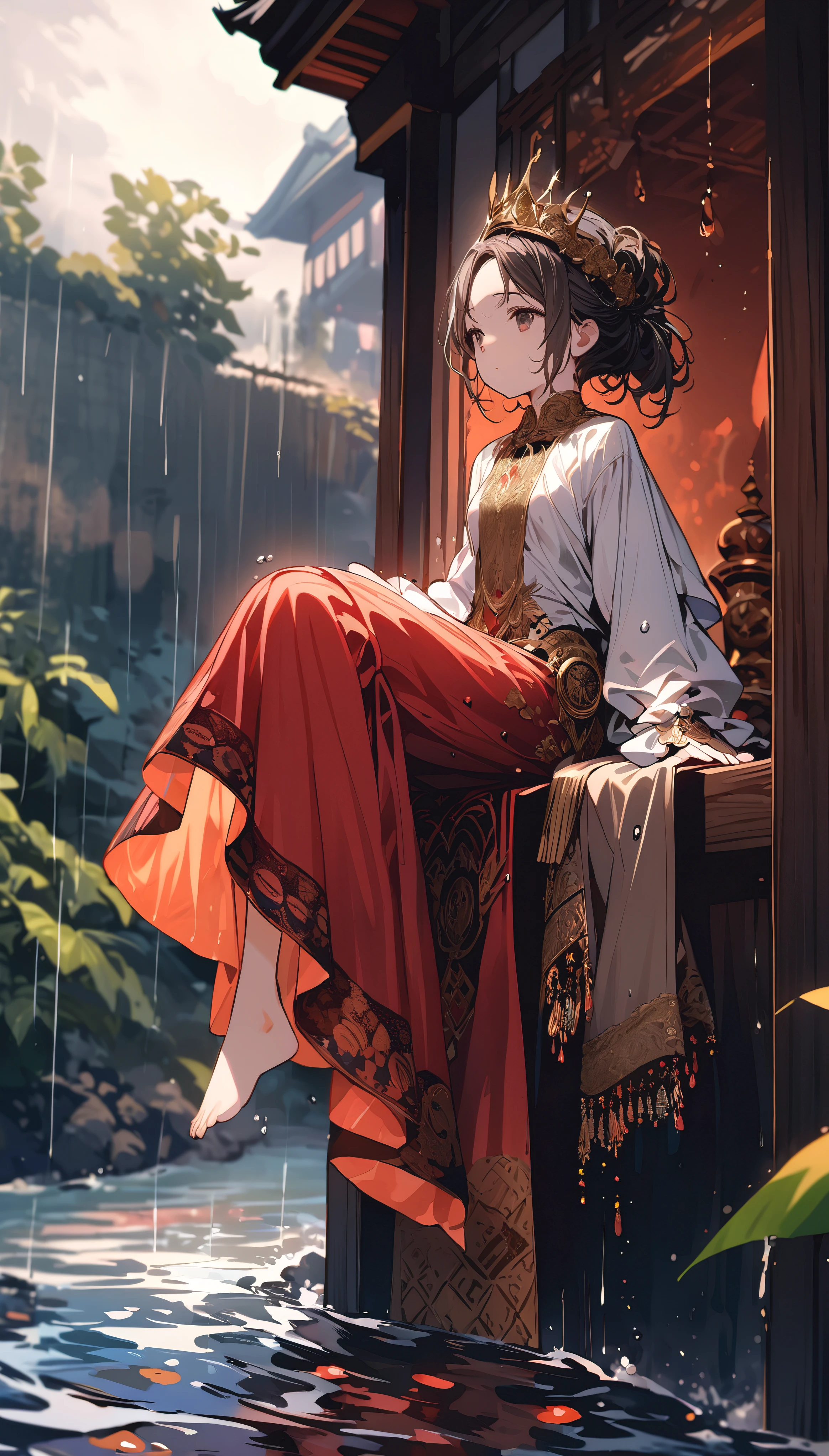 (wide angle), (solo), (A :1.2), (very young little girl), , (Solo), (small breast), (wide angle), raw photo, Aesthetic, Convoluted, Awarded, chiaroscuro, Best Quality, Detailed background, (Misty atmosphere:1.2), (hard sunny day:1.1),((Girl in very long costumes of shrine witches:1.2)), detailxl, Girls wearing sacred costumes of shrine witches perform ancient divine dance on cliff near shrine, Her presence is a resistance to the storm. The scene before us is both captivating and surreal. Her outfits are a testament to purity and tradition, Seemingly beyond the chaos of the storm. The white kimono is soaked,cling tightly to her body, its fabric becomes almost translucent in floodwaters, Revealing her inner indomitable spirit. So did she, Gorgeous red tapestry, now dark due to heavy rain, With every elegant step, Every wrinkle and crease silently bears witness to the solemnity of the night. Despite the bad weather, Her bare feet still dance gracefully, Unforgettable and beautiful, Every tiny movement leaves a pious pattern on the damp stone. Hair styled casually from behind、hanging down defiantly, Occasionally put it on her cheeks and forehead, Give her an extraordinary temperament. White sandalwood paper, Originally used to tie hair, Surrender to the wind and rain, Let them float freely in the wind, Like participating in a sacred dance. The golden crown and hairpin on her head symbolize the person she admires, shine in lightning. Their presence silently announced the seriousness of her performance. Her Kagura dance is a spectacle of devotion and grace, Silent prayers become visible. Her every move, From the gentle swing of your arms to the precise steps of your bare feet, Weaving an invisible tapestry in the air, Sing to the gods amidst the din of the storm. Kagura bells are arranged in a seven-five-three arrangement, The crisp sound penetrated the sound of rain, Be a beacon of tranquility in the hustle and bustle. Five colorful ropes decorat
