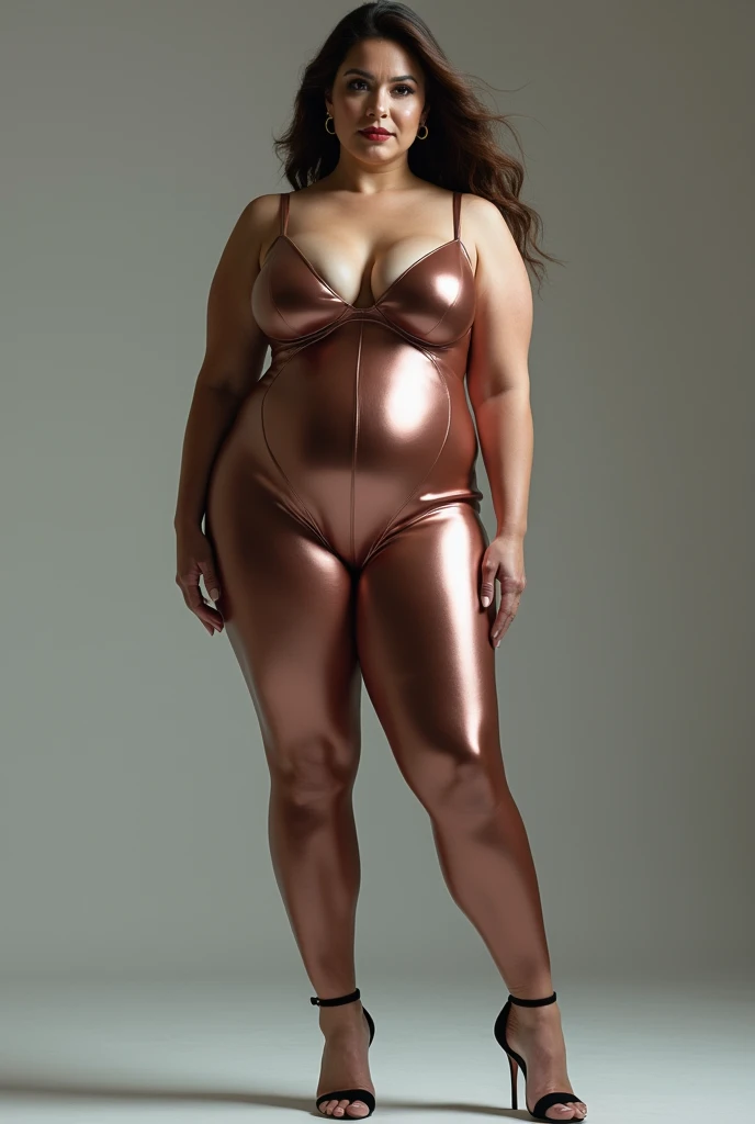 (photorealism:1.2), attractive and beautiful woman, middle aged, slim but with enormous breasts, wearing heavy makeup, and wearing a very tight spandex jumpsuit, full body shot