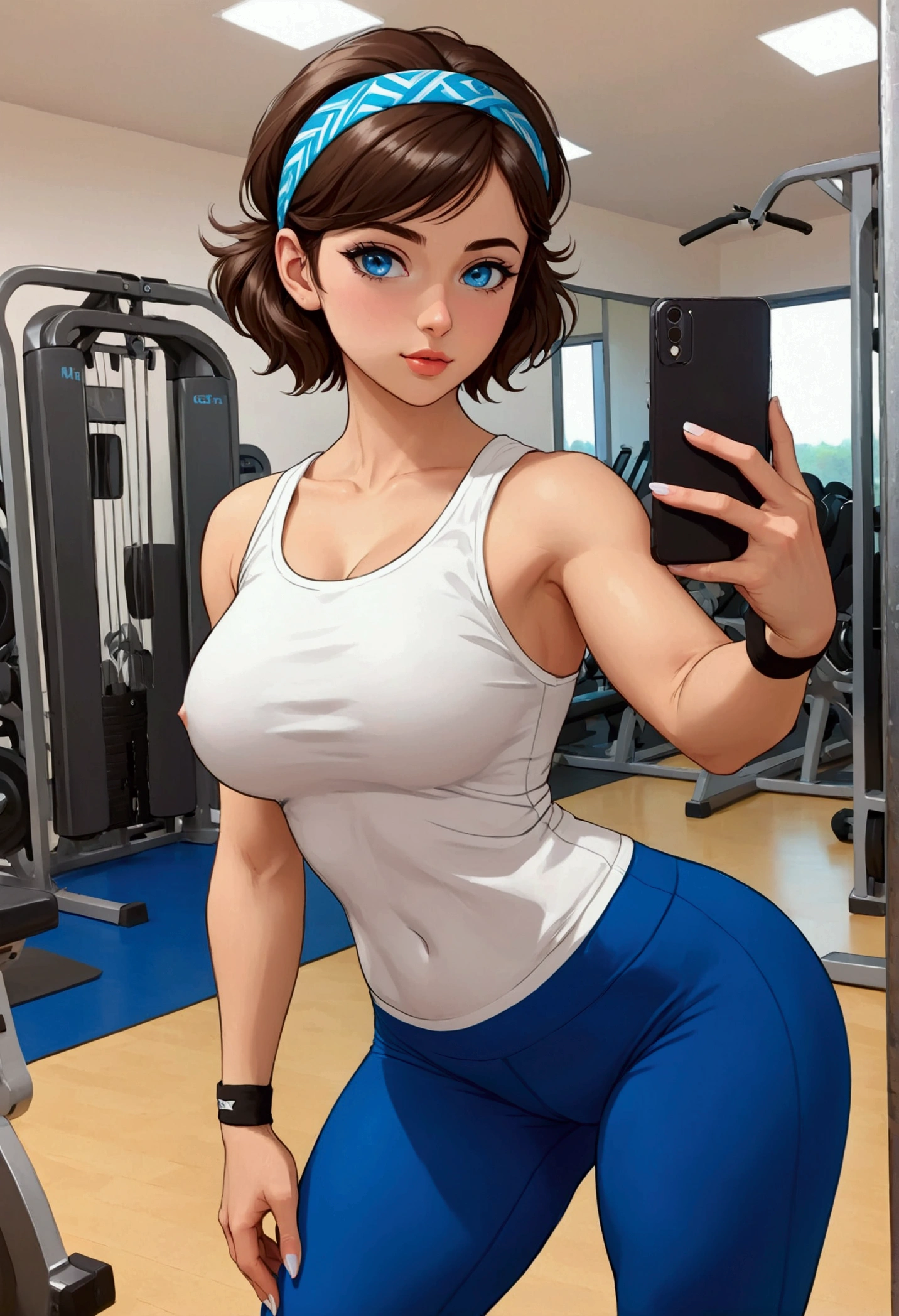 20 years old woman, Short brown hair, Méditerranéenne aux blue eye, Generous and heavy breasts, slender waist, estomac defini, fesses rebondies et pulpeuses, naturally curved, muscular thighs, aguicheuse, in the gym, en legging blanc et teeshirt extra large, blue eye, Selfie, headband in hair,