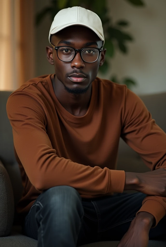 best quality:1.4), (ultra-high resolution:1.2), (photoshotrrealista:1.4), (8k, photoshot:1.2), a thin 20 year old, skin black, beardless face, corte de cabelo Buzzcut. thin build. He is wearing a brown long sleeved shirt. He is wearing black jeans. He is wearing clear prescription glasses. He is sitting on the couch with a seductive look. corte de cabelo Buzzcut. white cap back