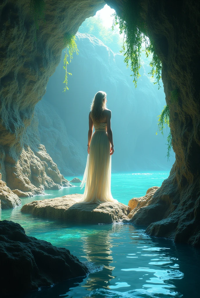 A book cover for fantasy, water spirit, bathing in the Blue water lagoon inside a cave, 