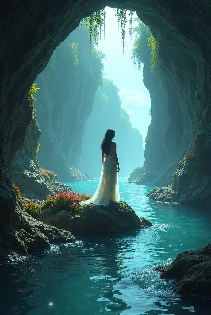 Aphrodite appears in a seaside cave, carved by the waves over centuries. The cave is lit by crystals that glow with a soft, ethereal light. The walls are covered in seaweed and coral, and the sound of the waves crashing into the cave creates a mesmerizing melody. Aphrodite stands on a natural rock platform, the calm waters of the sea lapping at her feet, as she gazes out at the endless ocean beyond the cave.