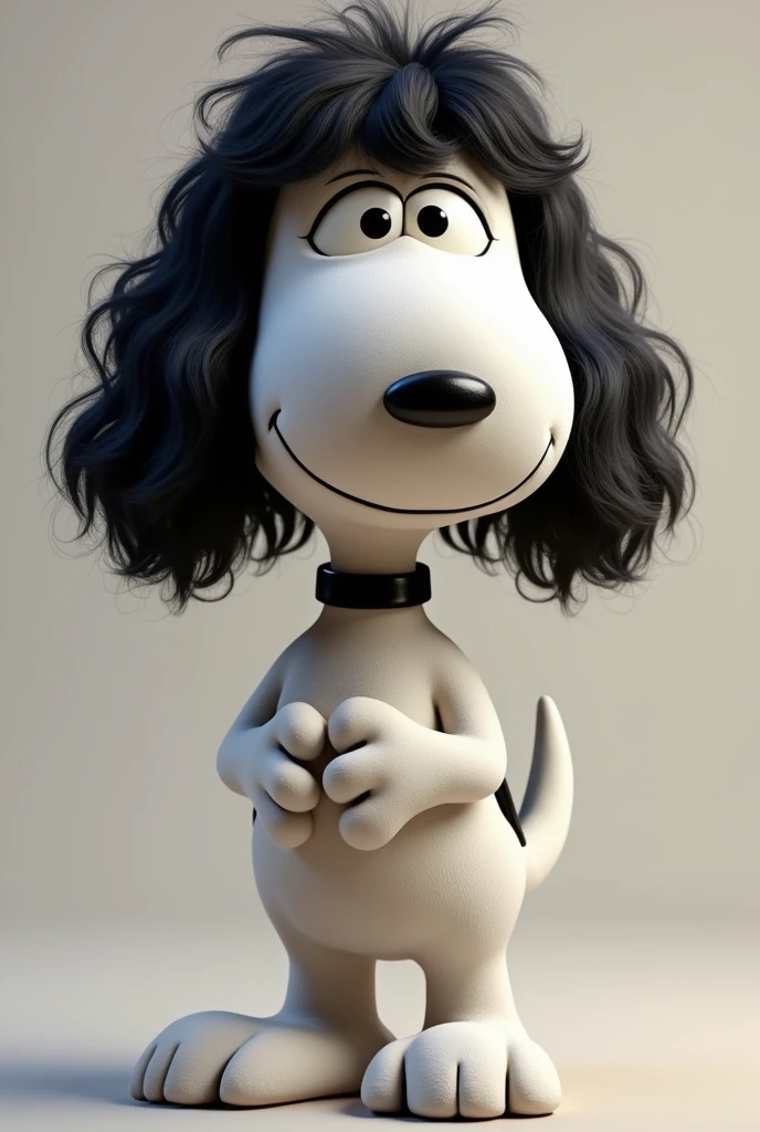 Generate an image of Snoopy with black, wavy hair that is medium long to look a little more masculine.