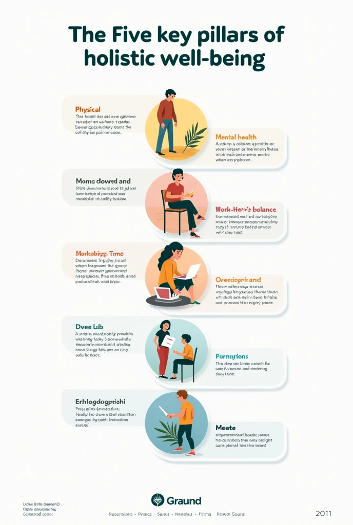 infographic-type poster (5 parts)
1. Physical Health
2. Mental Health
3. Social Connections
4. Work-Life Balance
5. Personal Growth
then explain the importance of this