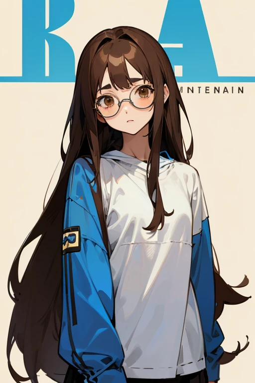 (an anime girl)(between 16 and 1)(Description: white skin tone, Brown eye color, dark brown hair color, wear blue glasses, linda, with a little long hair, that comes out from the front, with casual clothes)