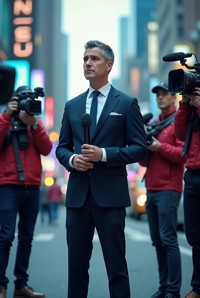 Man reporter with microphone in hand, on city avenue.