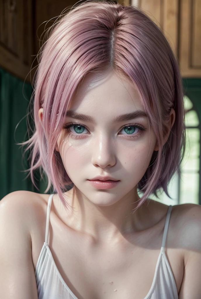 young woman, peach skin, short pink hair, wide forehead, big green eyes, buttoned nose, big pink lips, slender body, small breasts, medieval period clothing, deep neckline, Sakura Haruno, 3d
