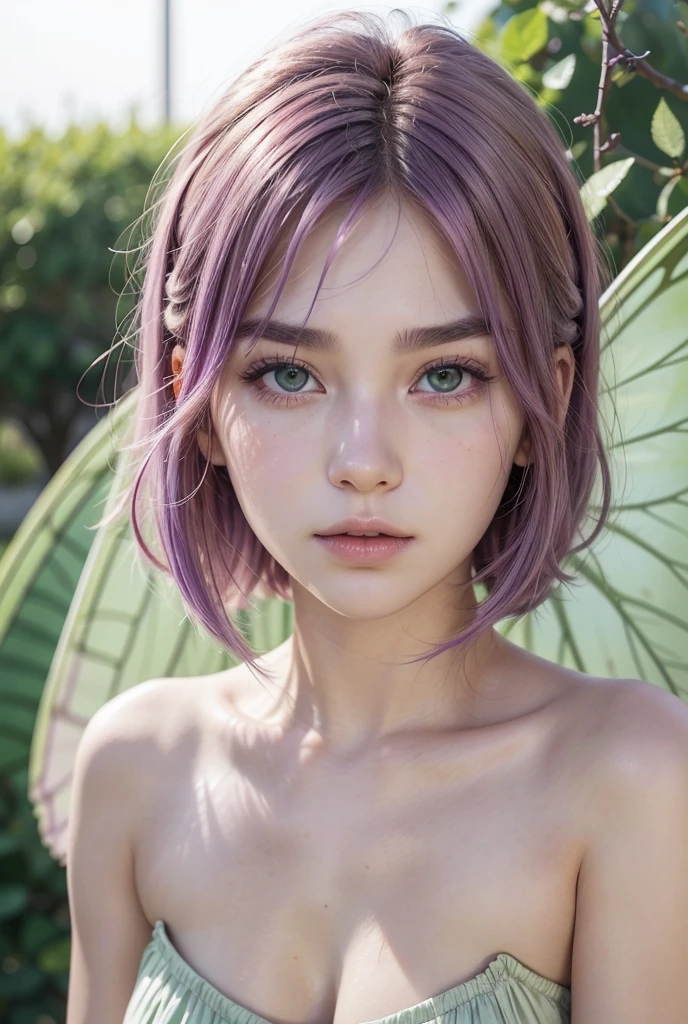 create an image with these topics: A young, athletic white male with green eyes, pink hair, smooth and short, round and beautiful face, glare eyes, thick lips, italian nose, well-defined and smooth cheekbones, shining skin.
A young adult woman with transparent butterfly wings and roses, straight purple hair, round face with korean features.