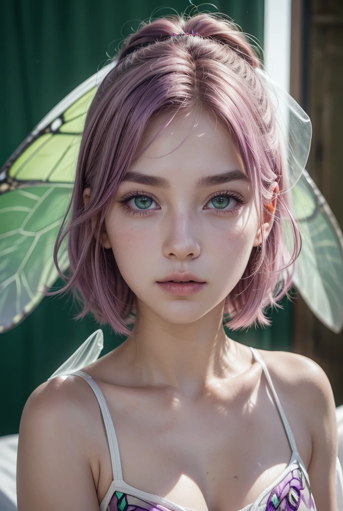 create an image with these topics: A young, athletic white male with green eyes, pink hair, smooth and short, round and beautiful face, glare eyes, thick lips, italian nose, well-defined and smooth cheekbones, shining skin.
A young adult woman with transparent butterfly wings and roses, straight purple hair, round face with korean features.