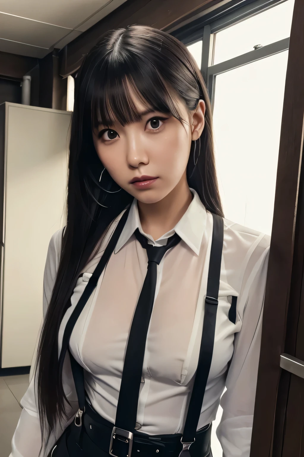 a woman in a suit, belt, hands behind back, sweating, suspenders, black pants, sexly, large breasts, see-through clothing, rain, detective, office worker, white button-up shirt, (best quality,4K,8k,highres,masterpiece:1.2),ultra-detailed,(realistic,photorealistic,photo-realistic:1.37),hyper-detailed,highly detailed face and body, Slender thin suspenders Moderate breasts See-through shirt Nipples holster chain Pistol Armament criminal Female criminal knife