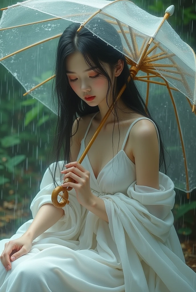 arafed girl in a white dress sitting on the ground with an umbrella, a photorealistic painting by Raymond Han, tumblr, fantasy art, rainy wet, wet from rain, dripping wet, rainy outside, under rain, in the rain, just after rain, raining outside, sexy girl, rainy day outside, beautiful maiden, beautiful goddess