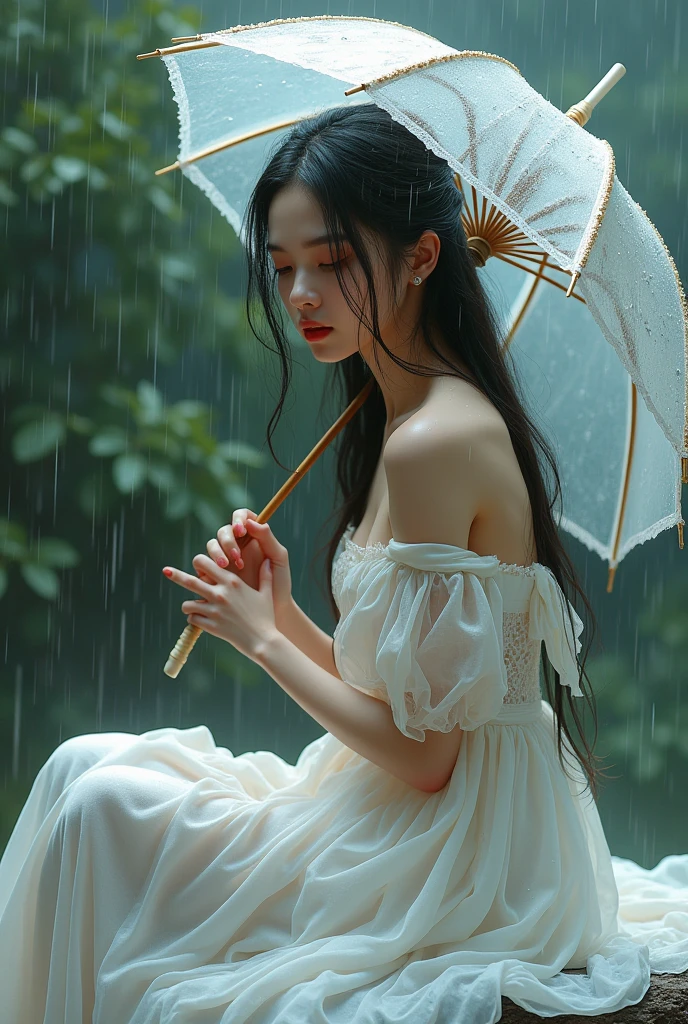 arafed girl in a white dress sitting on the ground with an umbrella, a photorealistic painting by Raymond Han, tumblr, fantasy art, rainy wet, wet from rain, dripping wet, rainy outside, under rain, in the rain, just after rain, raining outside, sexy girl, rainy day outside, beautiful maiden, beautiful goddess