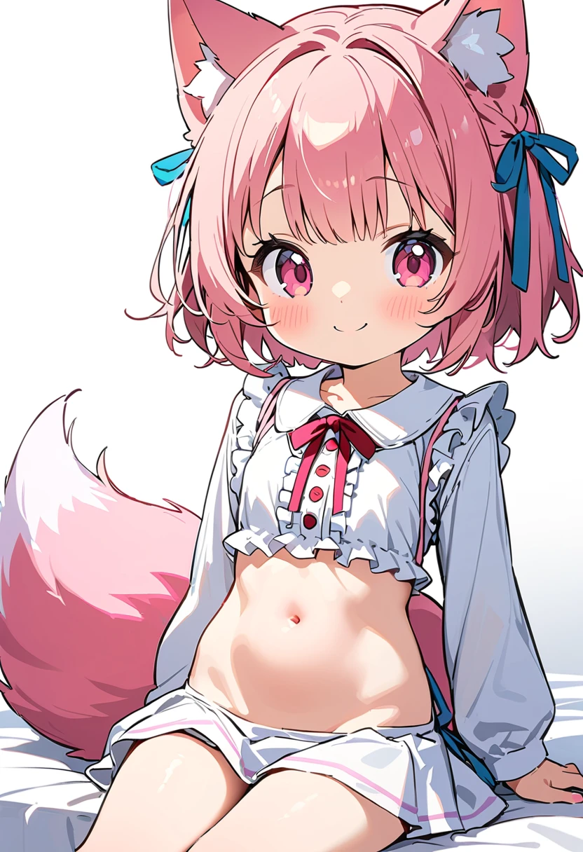 (((masterpiece))), (((最high quality))), (((high quality))), (((beautiful))), (((8k))), (((High resolution)) (((超High resolution))), (((High resolution))), (((Superb illustrations))), (Pink long Hair:1.3), (Pink fox tail:1.4), (Pink fox tail:1.2), Pink fox ears, (Pink Eyes), (super small breasts:1.5), (Ultra-flat chest:1.4), (Cowboy Shot:1.3), (Cowboy Shot:1.4), (Smiling:1.3), (Sitting on a white bed:1.4), (Pink Apron:1.5), (White long sleeve blouse:1.4), (White Skirt:1.4), (frills and ribbons:1.5),(child body:1.5),(cute,kawaii:1.4),no_skirt:1.5,panty:1.5
