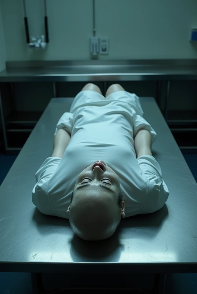 A dead person in the morgue at the coroner closing half of the bag