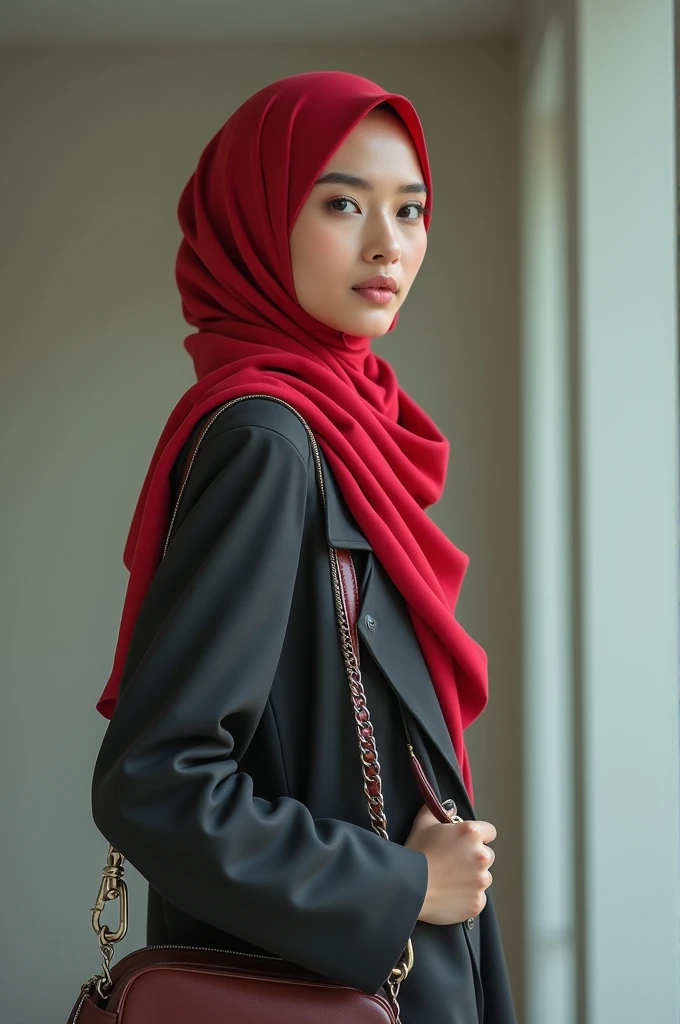 The most beautiful asian malaysian hijab girl, wearing a shoulder handbag and a pair of high cut black converse.