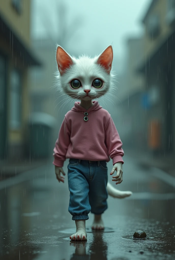 A weeping bony white cat dressed in pink top and blue jeans walking in rain alone