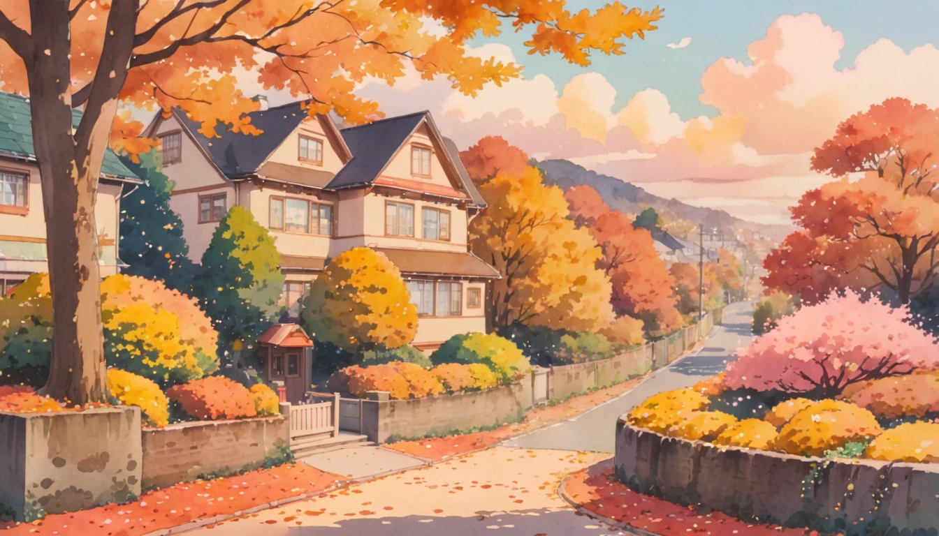ultrawide Cozy autumn aesthetic fall,Studio ghibli inspired,Watercolor,no people,Lofi,Cute