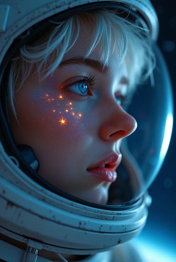 (Close-up of a better masterpiece:1.5)0.9], (Space and astronauts:1.2) (Messy silver hair:1.1) (Heterochromia xanthochromia and blue eyes:1.2) (Space Helmet:1.0) (Colored stars in the eyes:1.0) (A radiant glow:1.1) (thick lips:0.9)