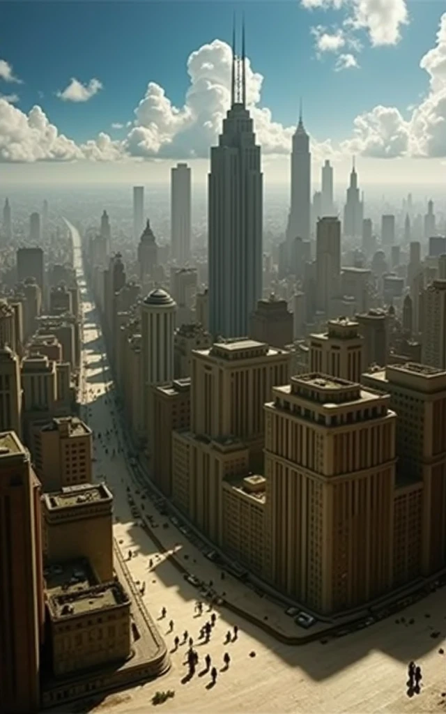 Giant buildings seen from below in perspective fade into an iris-textured sky