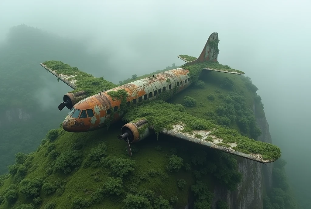 Aerial view of a rusty plane covered with vegetation on a green, wooded hill, surrounded by fog